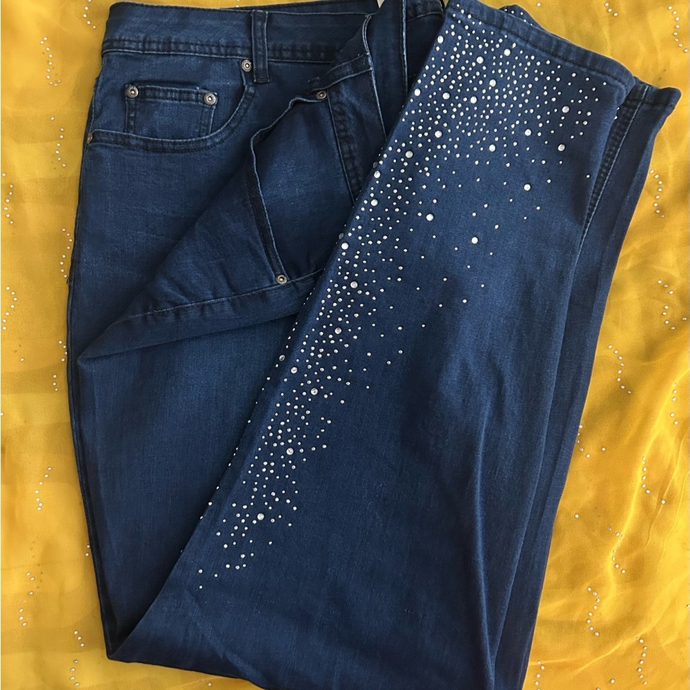 Never Worn Ashley Stewart Dark Blue Straight Leg Jeans with White Embellishments